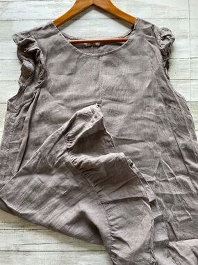 Bellamra Taupe Ruffle Sleeve Linen Mini Dress